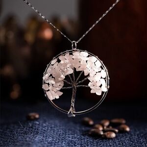 4/$15 Sakura Blossom Tree of Life pendant necklace, pink rose Quartz Crystal